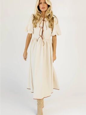 Cream Midi Dress with Puff Sleeves